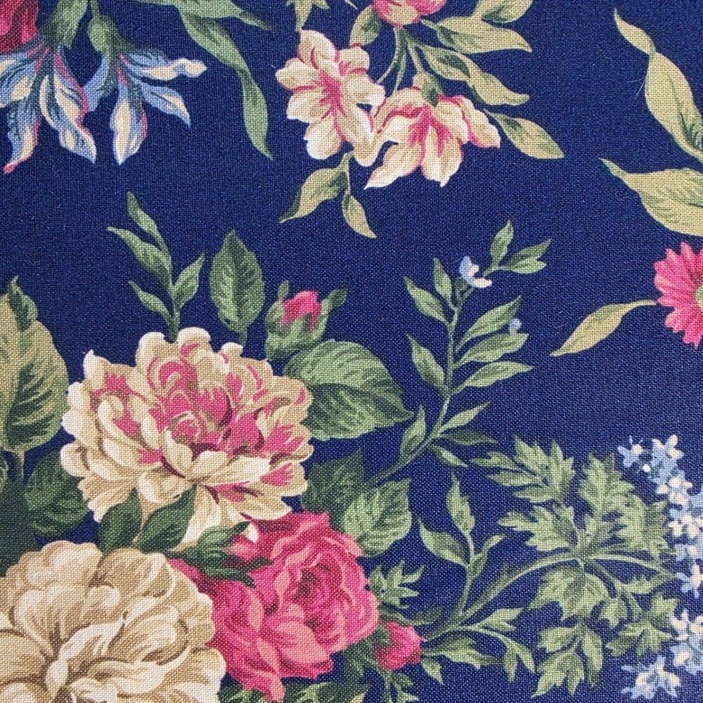Cranston Print Works Floral Fabric Navy Pink Cabbage Rose 100% Cotton 44in x 1yd